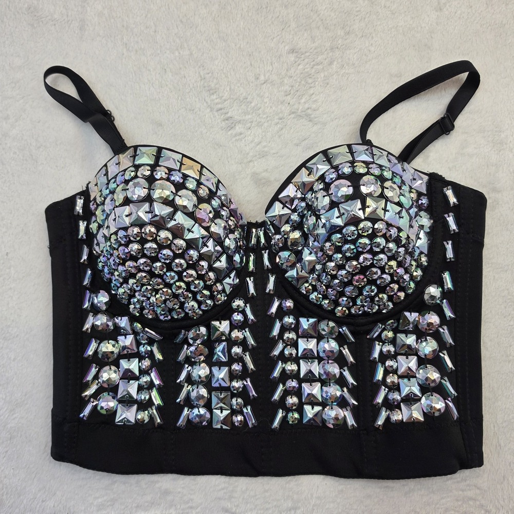 Lydia USA Small Black Rhinestone Studded Bustier Corset Crop Top Festival Rave
